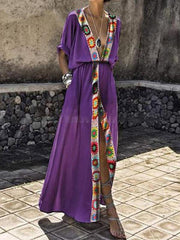 Sexy V Collar Hooks Splice Printed Open Maxi Dresses