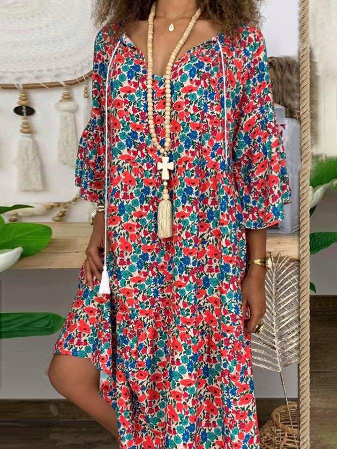 Red Floral V Neck Long Sleeve Shift Dresses