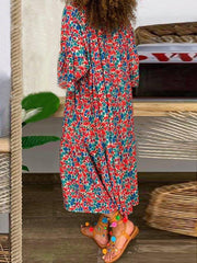 Red Floral V Neck Long Sleeve Shift Dresses