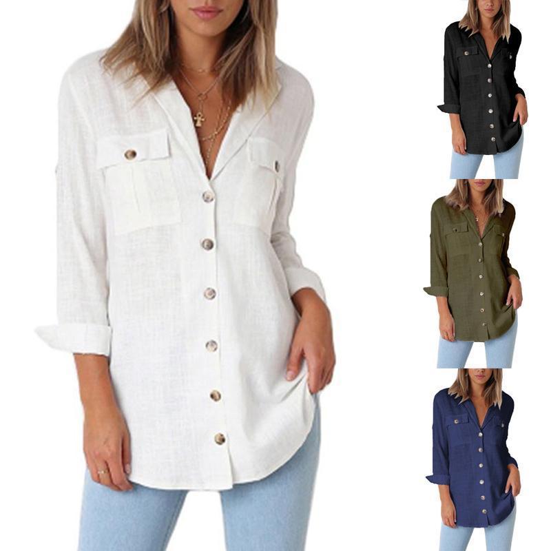 Solid Color Button Loose Long Sleeve Pocket Blouses