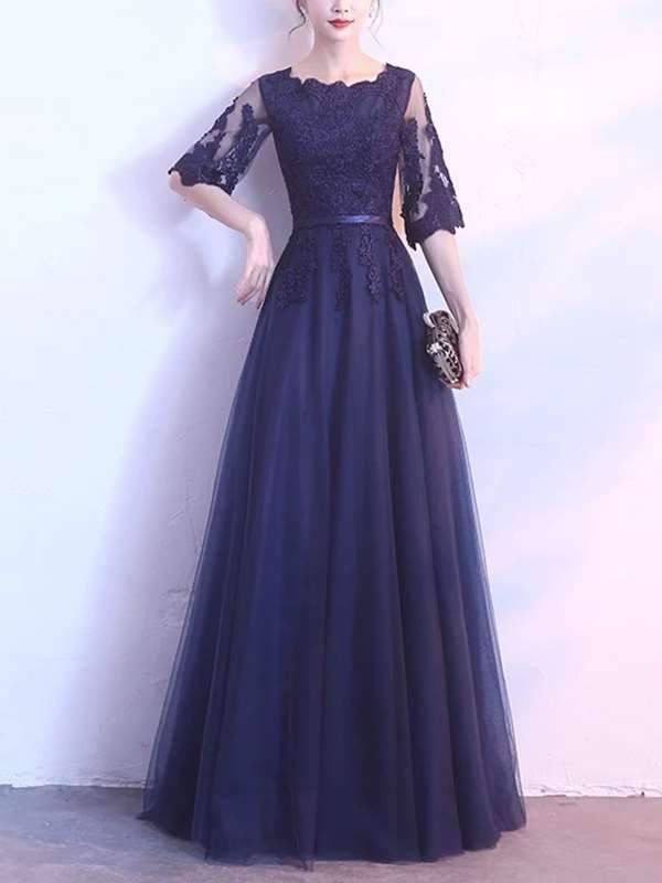 Elegant Slim Skater Long Dress Lace Evening Dresses