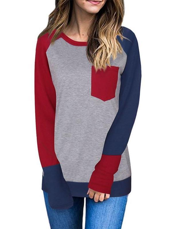 Round Neck  Patchwork  Color Block Long Sleeve T-Shirts