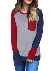 Round Neck  Patchwork  Color Block Long Sleeve T-Shirts