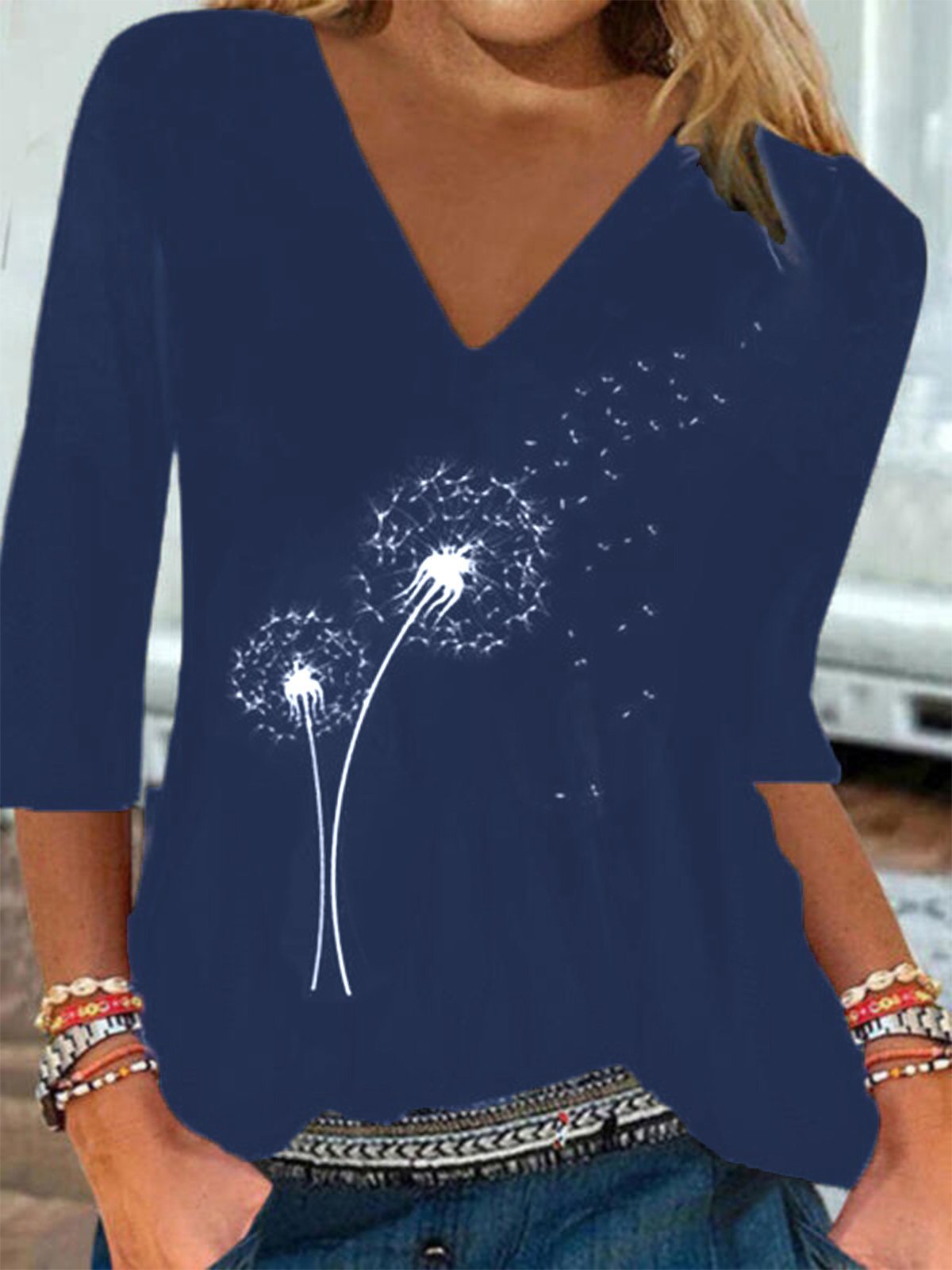 Vintage Dandelion Printed V-Neck 3/4 Sleeves Plus Size Casual T-shirts