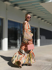 Rainbow stripe two-piece dress long sleeves round collar maxi dresses