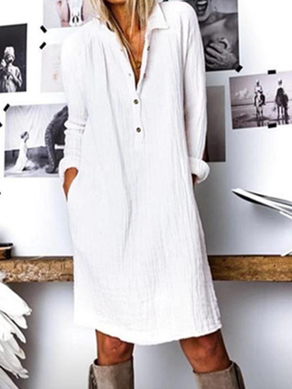 Plain V neck women long sleeve cotton blend Shift dresses