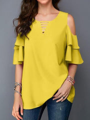 Round collar off shoulder flared sleeves loose chiffon T-shirts