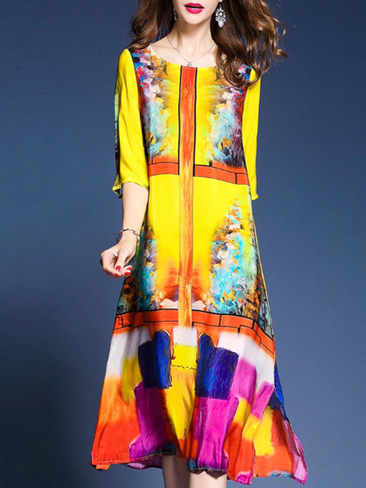 Yellow Printed Half Sleeve A-line Plus Size Dress