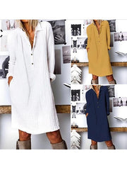 Plain V neck women long sleeve cotton blend Shift dresses