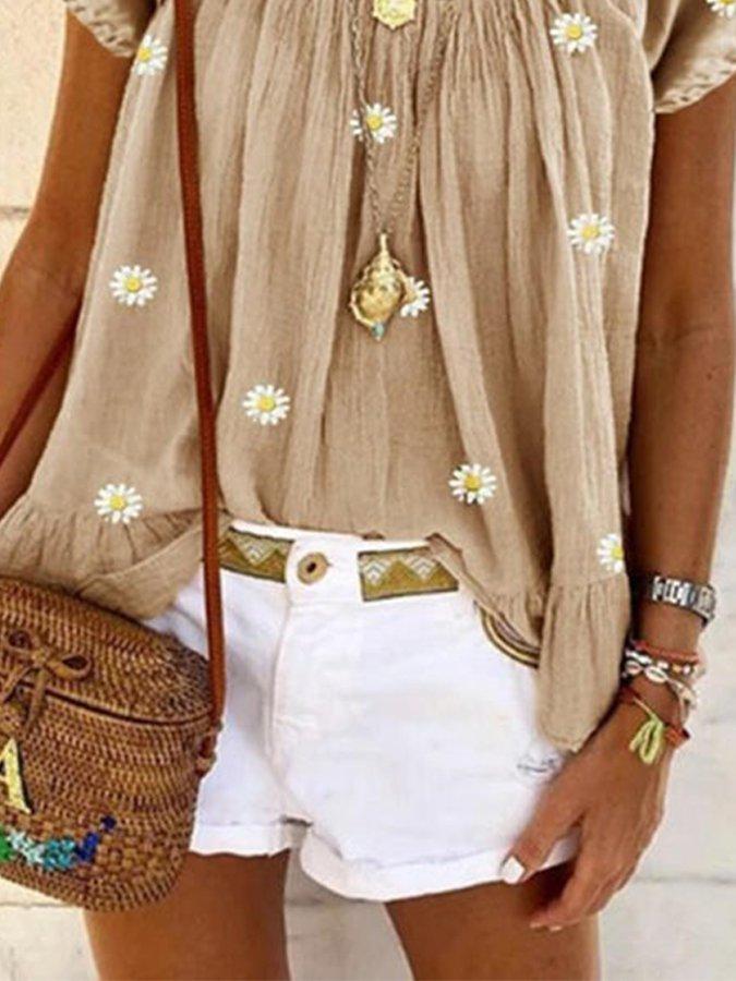 Yellow Crew Neck Short Sleeve Boho Printed Shirts & Tops