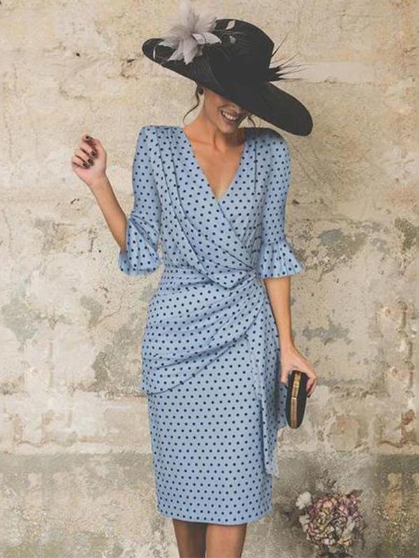 Crew Neck Cutout Flounce Belt Loops Ruffles Polka Dot Petal Sleeve Bodycon Dresses