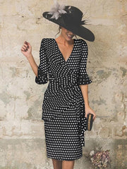 Crew Neck Cutout Flounce Belt Loops Ruffles Polka Dot Petal Sleeve Bodycon Dresses
