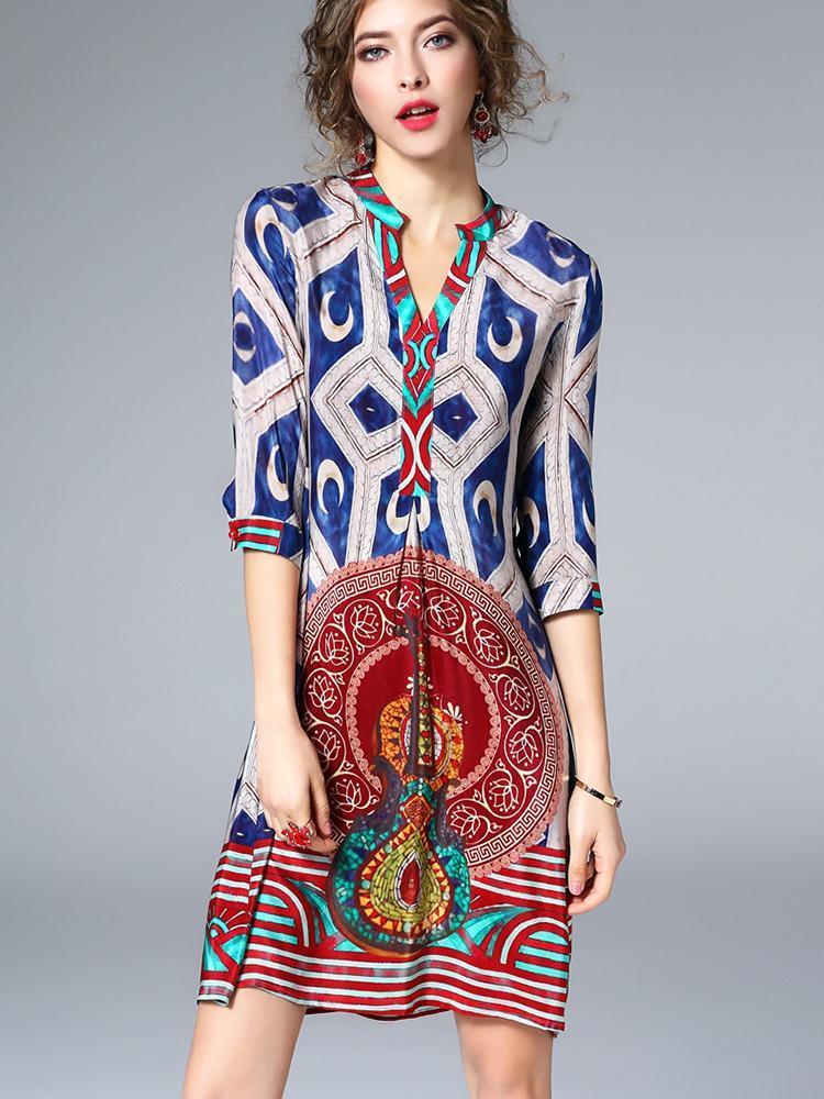 Boutique Printing V-Neck Half Sleeve Real Silk Loose Mini Dress