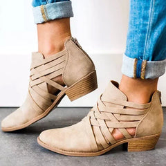 Plus Size Criss-Cross Ankle Heel Booties Hollow-out  Woman PU Boots