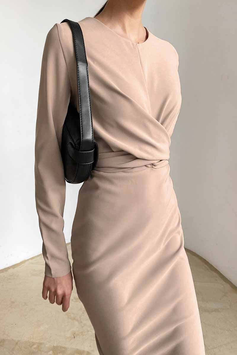 Fashion Long Sleeve Waist Midi Dress(4 Colors)