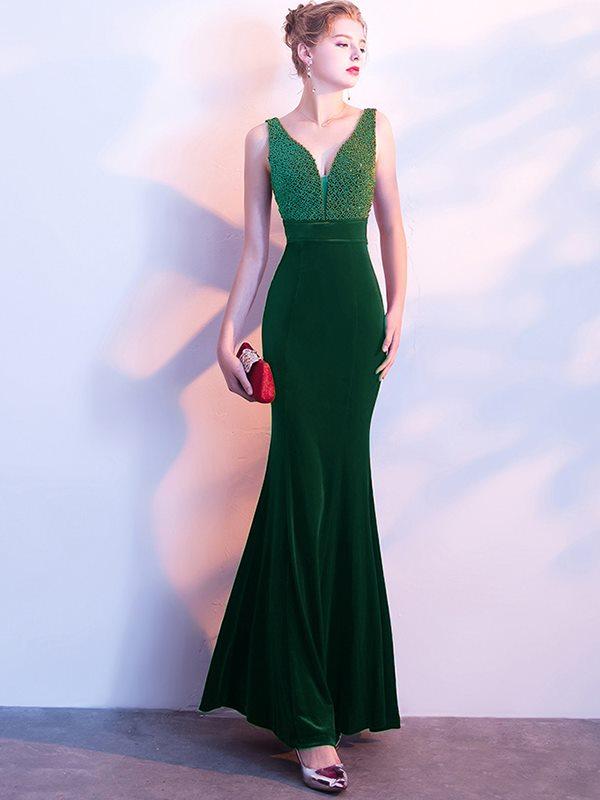 Elegant Velvet Sequined V-Neck Sheath Backless Party Dresses