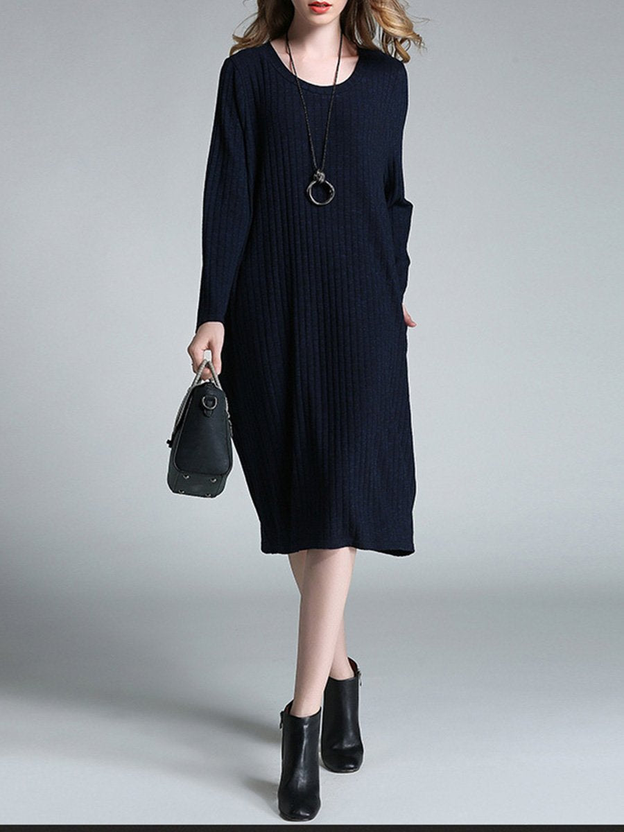 Round Neck Long Sleeve Woman Plain Daily Casual Shift Dress