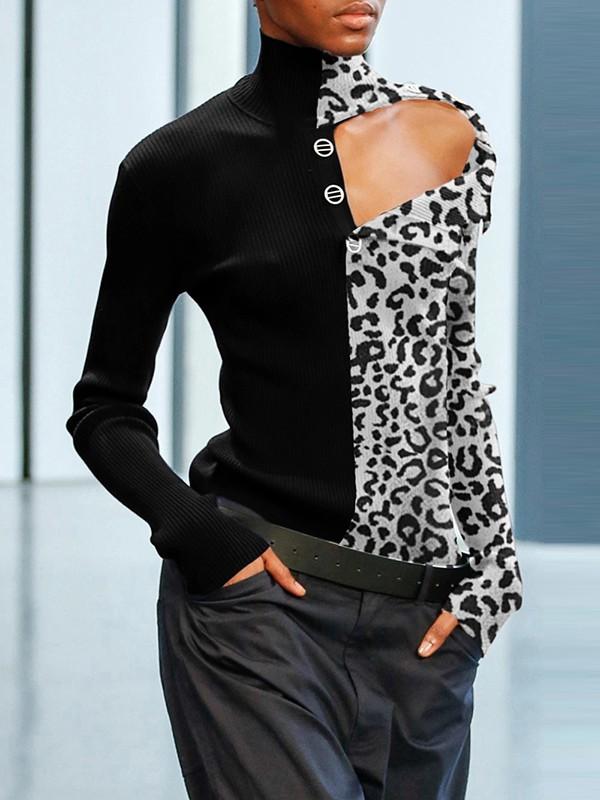 Casual High Collar Single-breasted Splicing Leopard Print Coloring Sweater