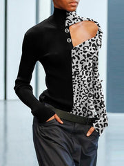 Casual High Collar Single-breasted Splicing Leopard Print Coloring Sweater