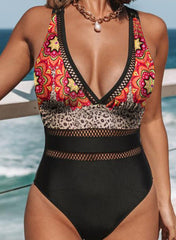 Black Leopard Print V Neck Casual Holiday Swimwear