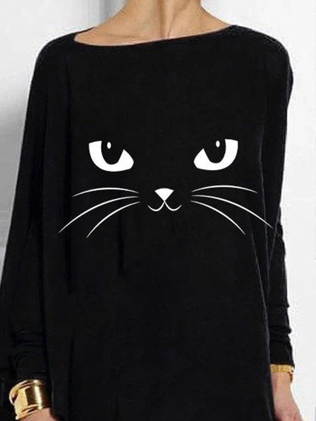 Black Casual Cat Printed Asymmetric Long Sleeve Shift Shirts & Tops