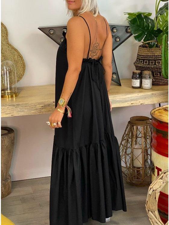 Black Solid Spaghetti Sleeveless Swing Dresses