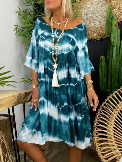 Blue Ombre/tie-Dye Half Sleeve Shift Dresses