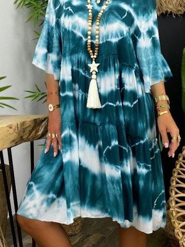 Blue Ombre/tie-Dye Half Sleeve Shift Dresses