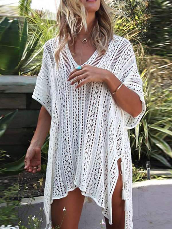 Loose Hollow Vacation Half Sleeve V Neck Beach Cover-Ups Vacation Dresses