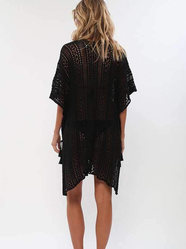 Loose Hollow Vacation Half Sleeve V Neck Beach Cover-Ups Vacation Dresses