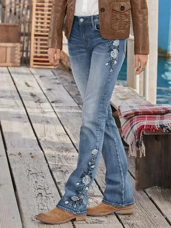 Woman Casual Embroidered Floral Denim Jeans Long Pants