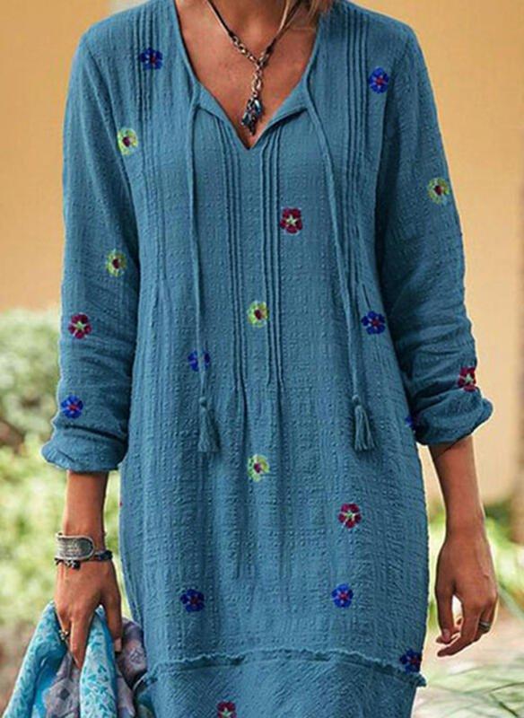 Blue V Neck Casual Floral Dresses