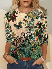 Casual Long Sleeve Round Neck Plus Size Printed Tops T-shirts