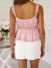 Sexy V-neck flower printed flounce edge condole belt vest tops