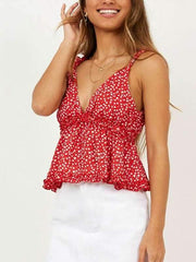 Sexy V-neck flower printed flounce edge condole belt vest tops