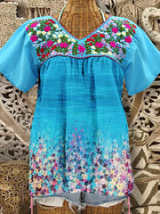 Blue V Neck Short Sleeve Floral Shirts & Tops