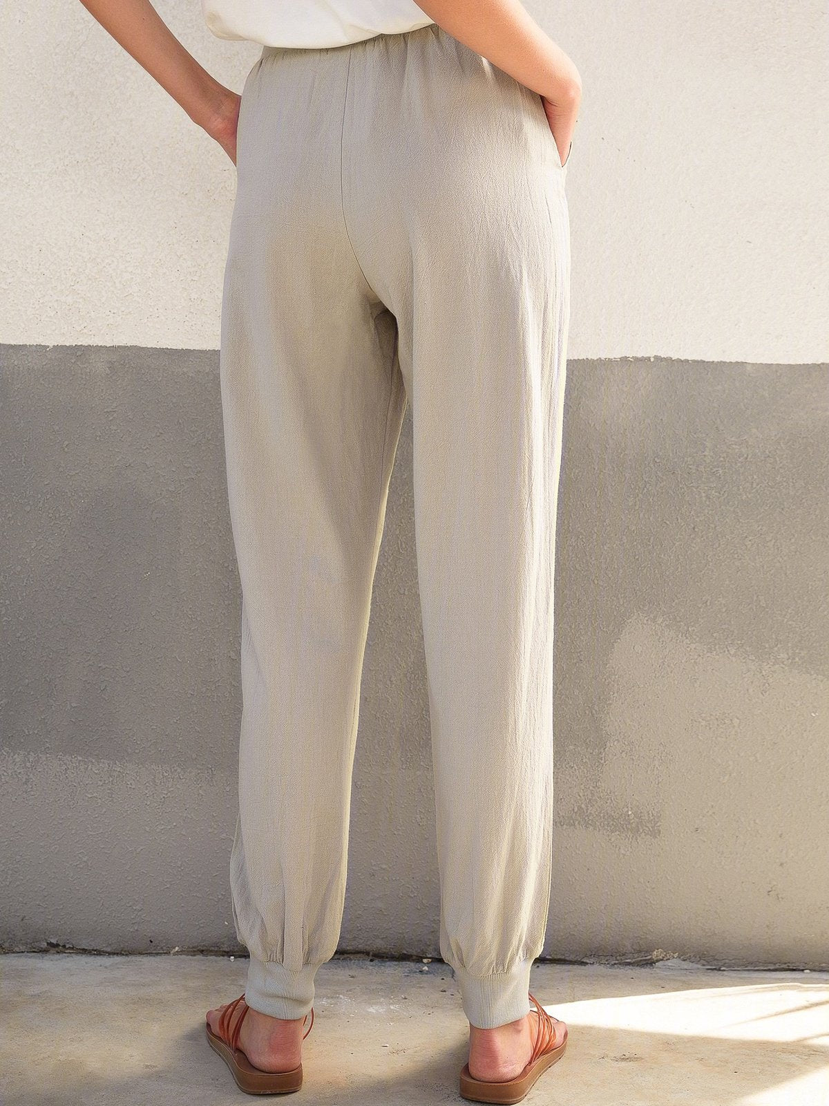 Solid Drawstring Casual Linen Pants Women Trousers