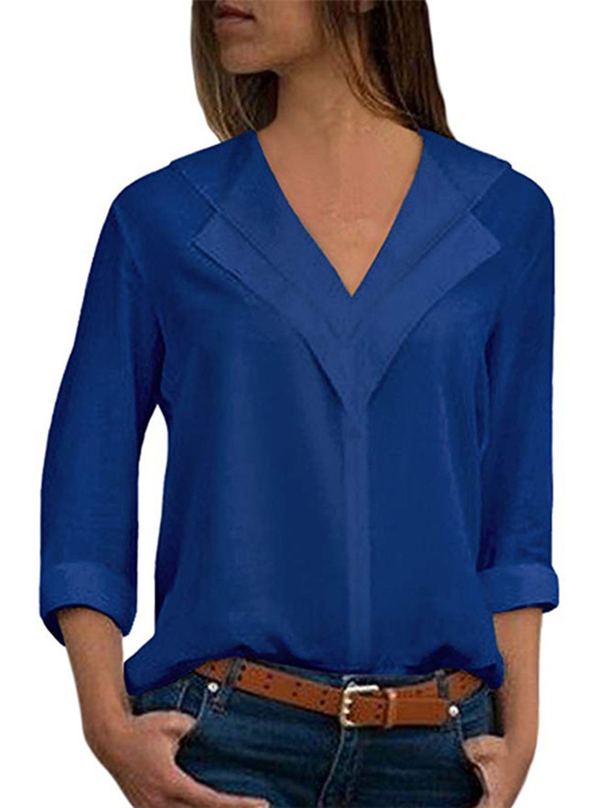 Solid Chiffon Casual Shawl Collar Blouse