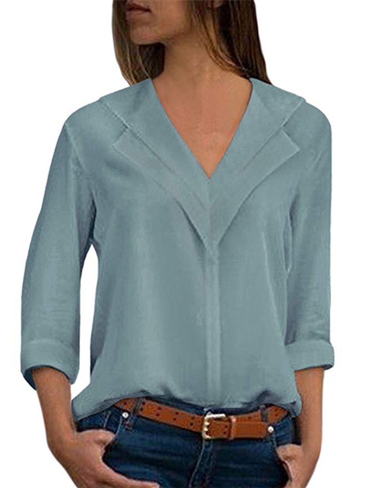 Solid Chiffon Casual Shawl Collar Blouse