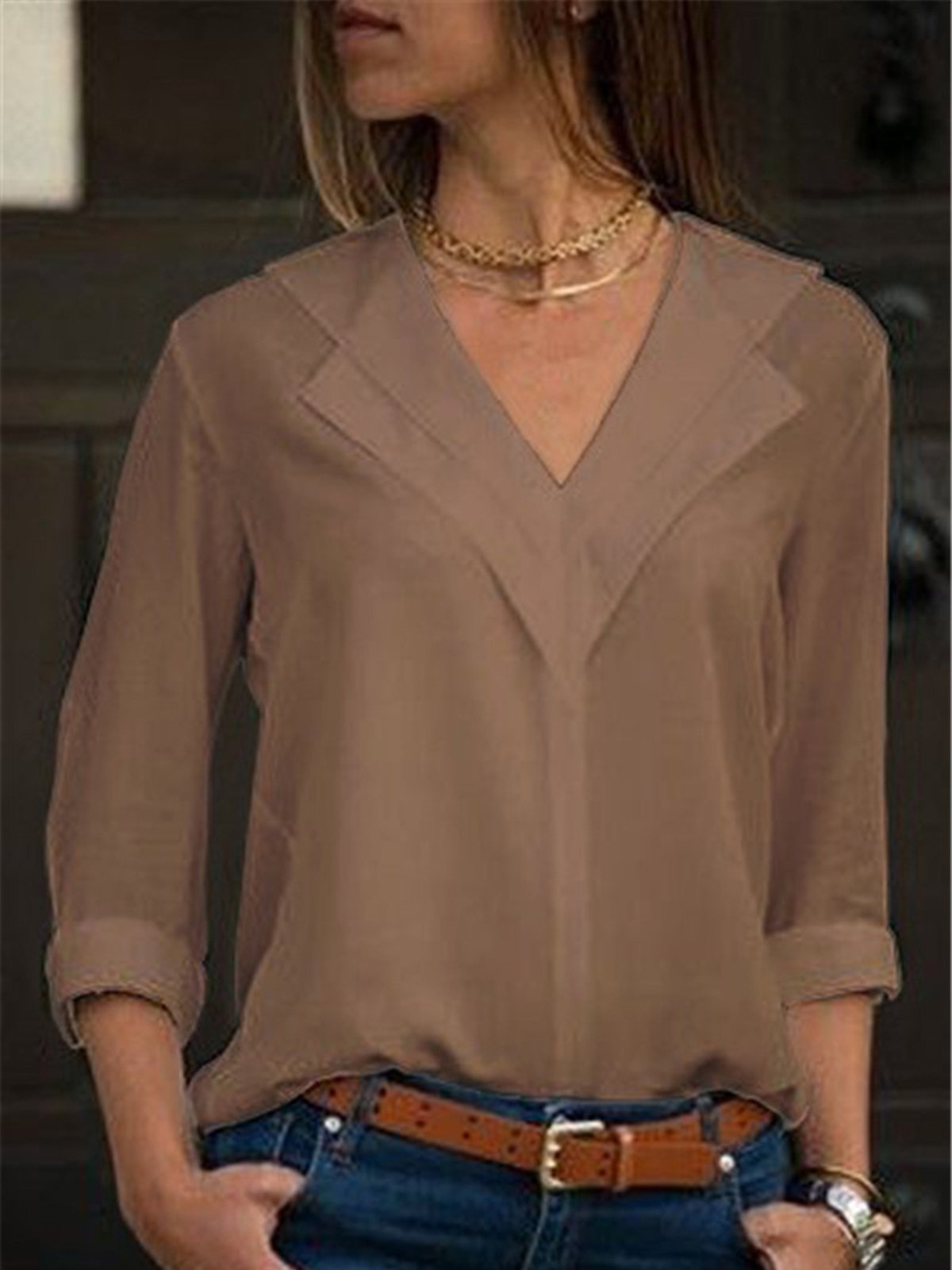 Solid Chiffon Casual Shawl Collar Blouse