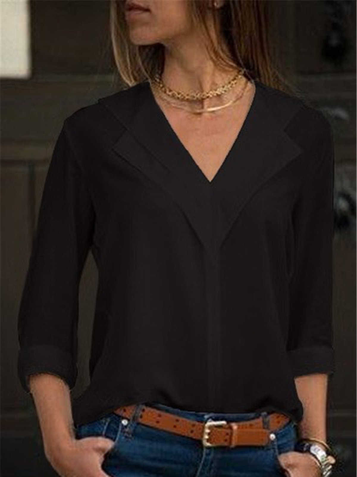 Solid Chiffon Casual Shawl Collar Blouse