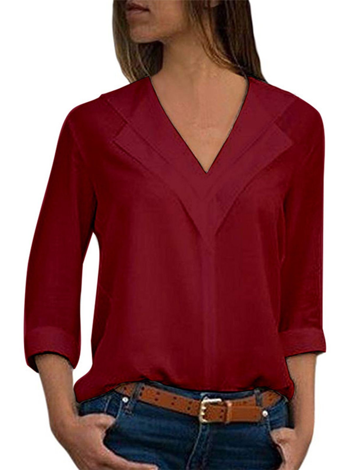 Solid Chiffon Casual Shawl Collar Blouse