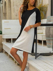 Short Sleeve Round Neck Matching Color A-line Casual Shift Dresses