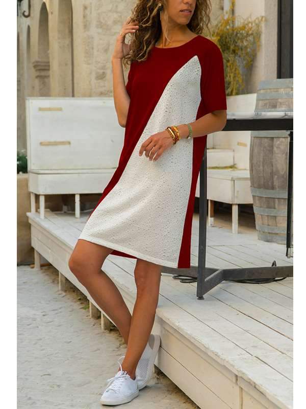 Short Sleeve Round Neck Matching Color A-line Casual Shift Dresses