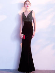 Velvet Sequined Contrast V-Neck Sleeveless Sheath Backless Dresses