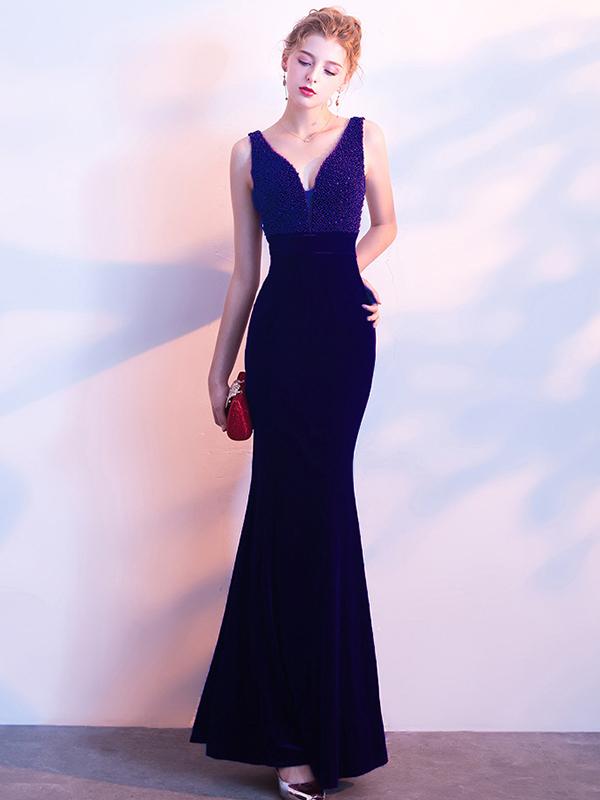 Velvet Sequined Contrast V-Neck Sleeveless Sheath Backless Dresses