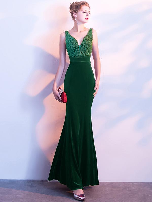 Velvet Sequined Contrast V-Neck Sleeveless Sheath Backless Dresses