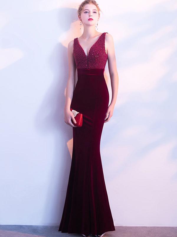 Velvet Sequined Contrast V-Neck Sleeveless Sheath Backless Dresses