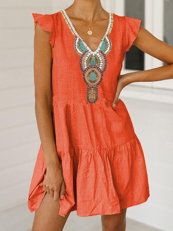 Printed v-neck dress short sleeve women Shift dresses