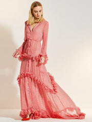 Plaid Lacy V-neck Floor Evening Dress